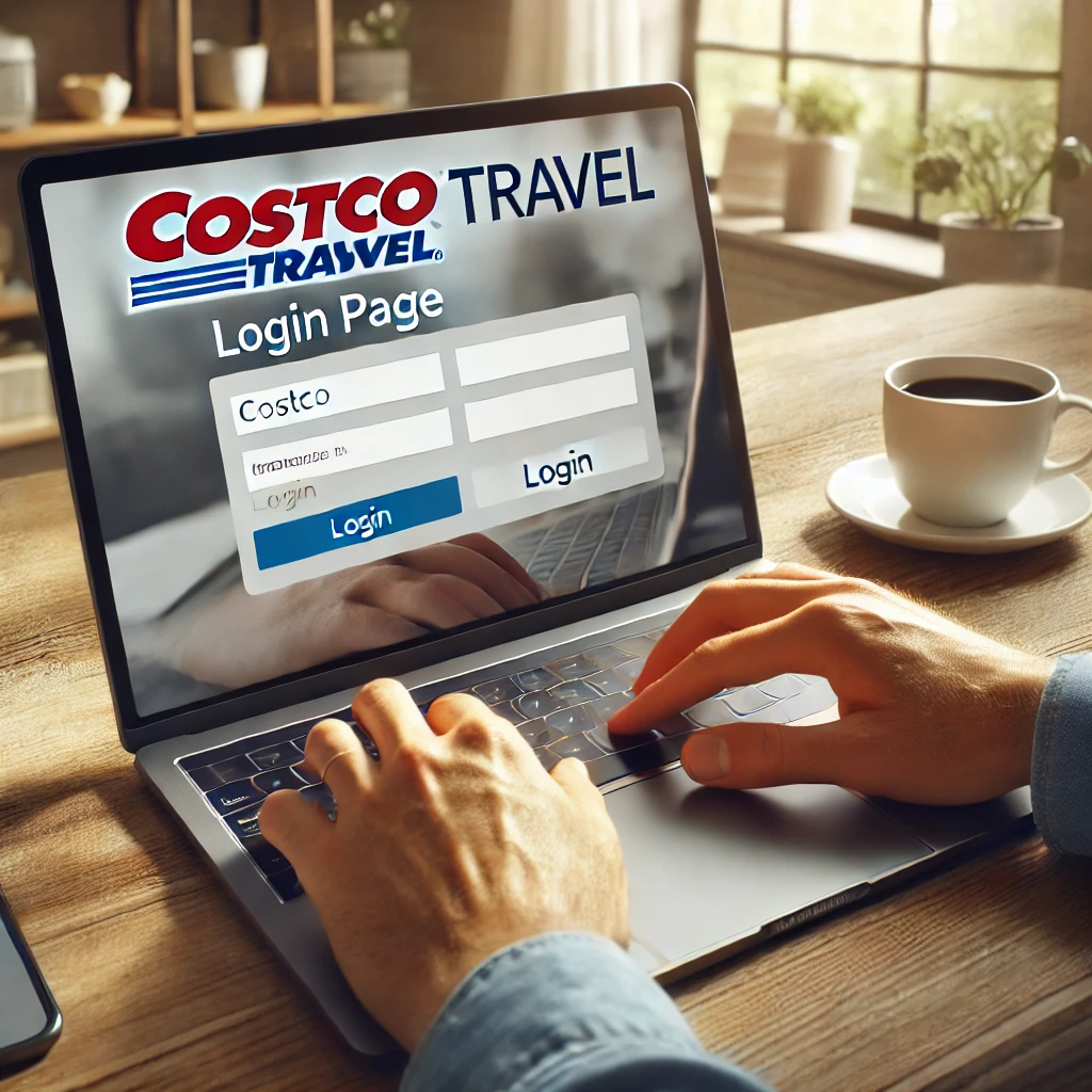 A laptop on a desk with a login page for Costco Travel open the user typing their email in the first field and their password in the second field.