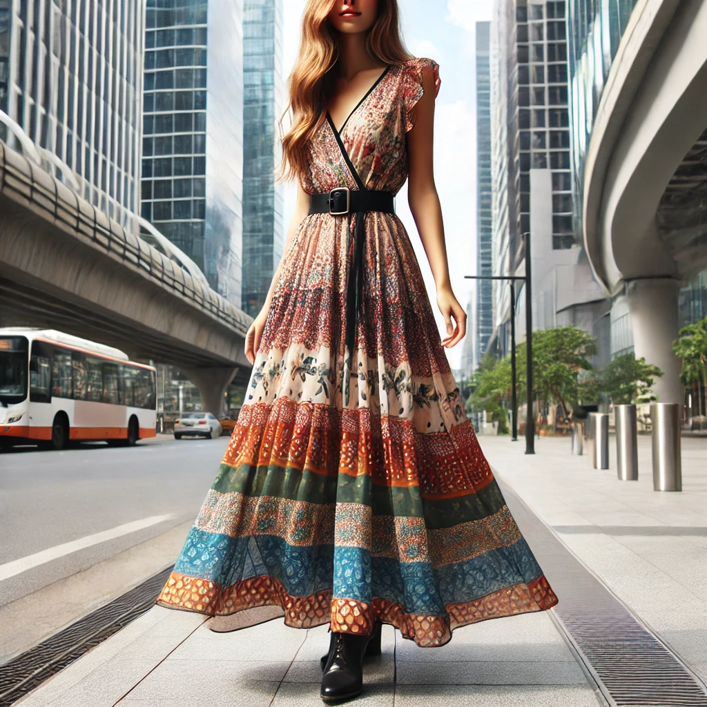 Woman in western style dress walking on a city pavement.