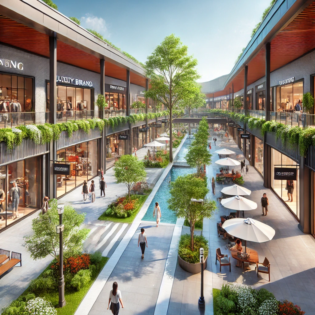 Passengers strolling with carriers at a luxury outlet with other stores in the background.