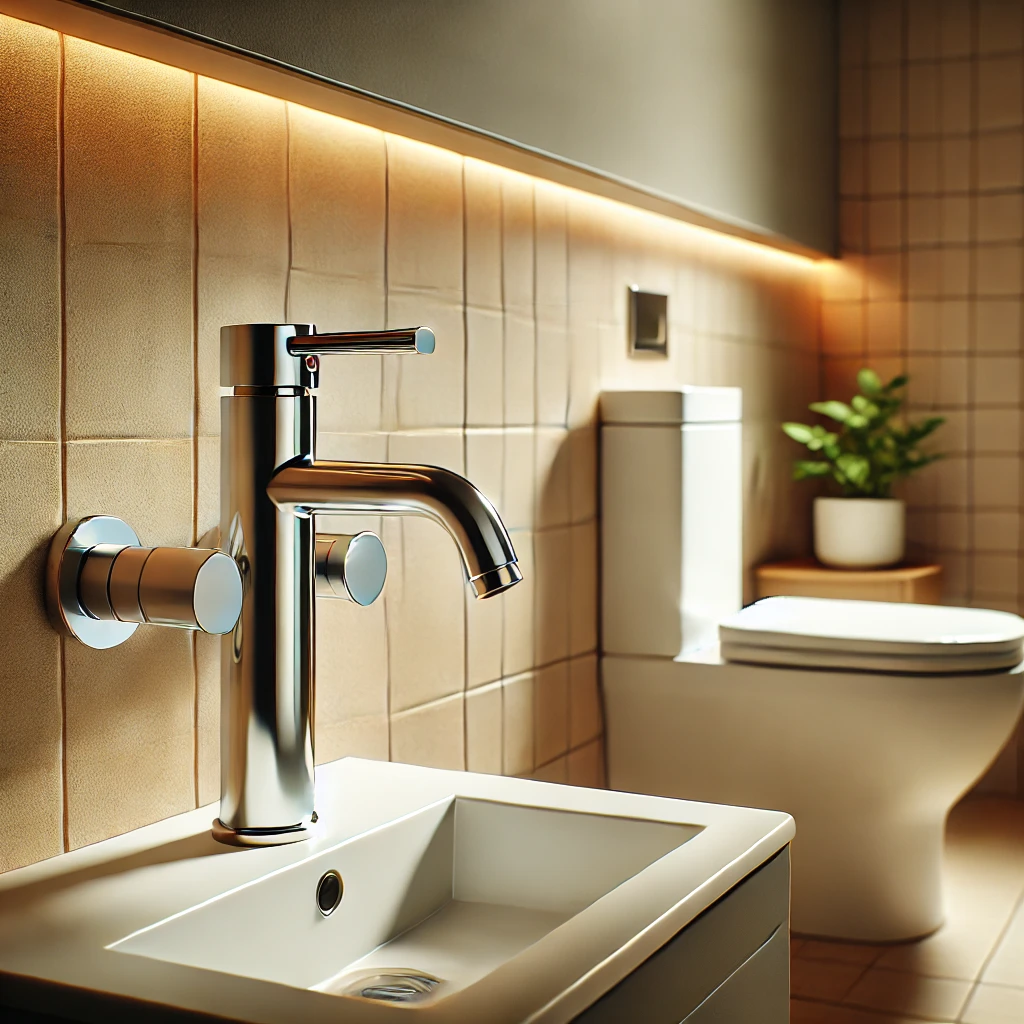 Stainless steel health faucet in a modern bathroom next to a white ceramic toilet.