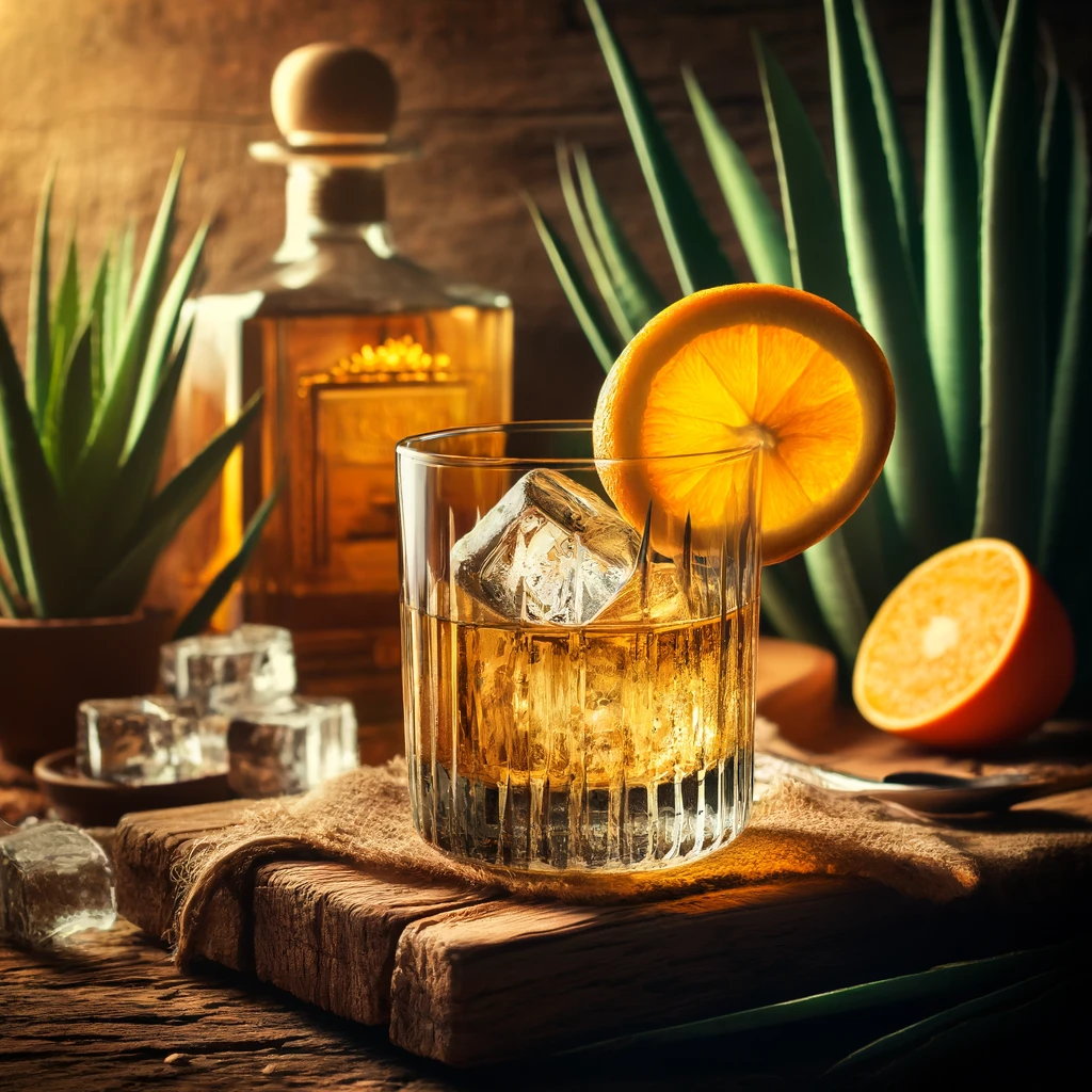 Prepared traditional tequila drink in a glass full of ice and an orange rind on top and rustic background.