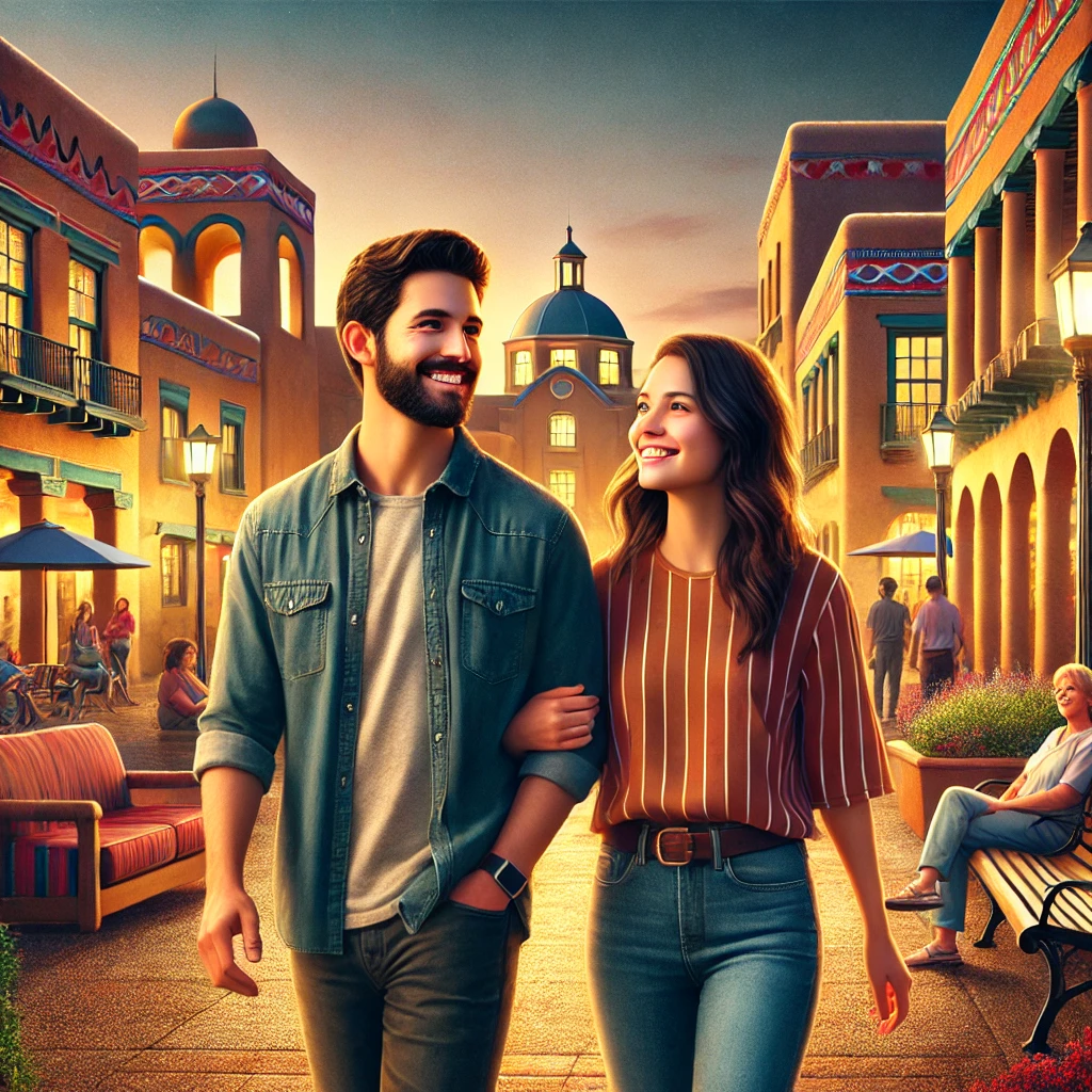 Couple walking in Albuquerque’s Old Town Plaza, surrounded by vibrant cultural landmarks and warm evening lighting, symbolizing meaningful connections.