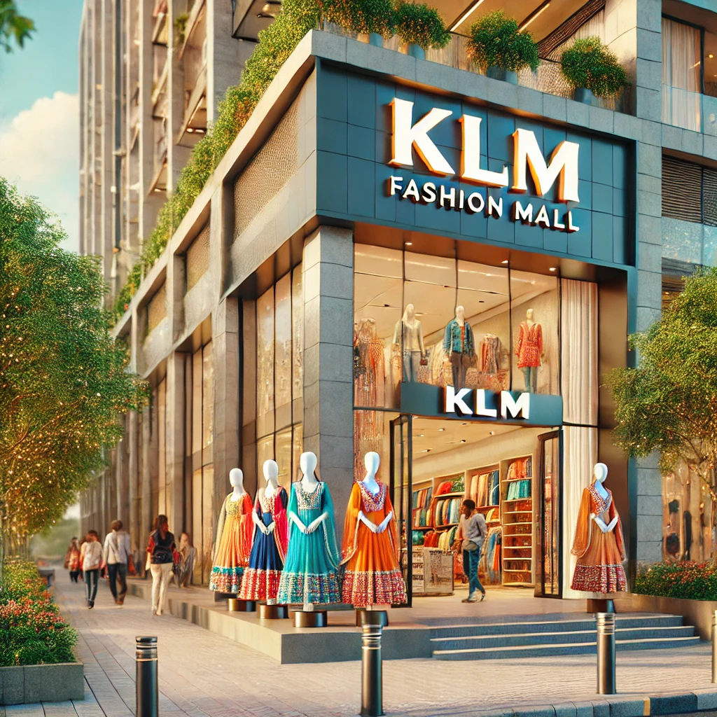 front view of KLM Fashion Mall Marathahalli with clothes hangers.