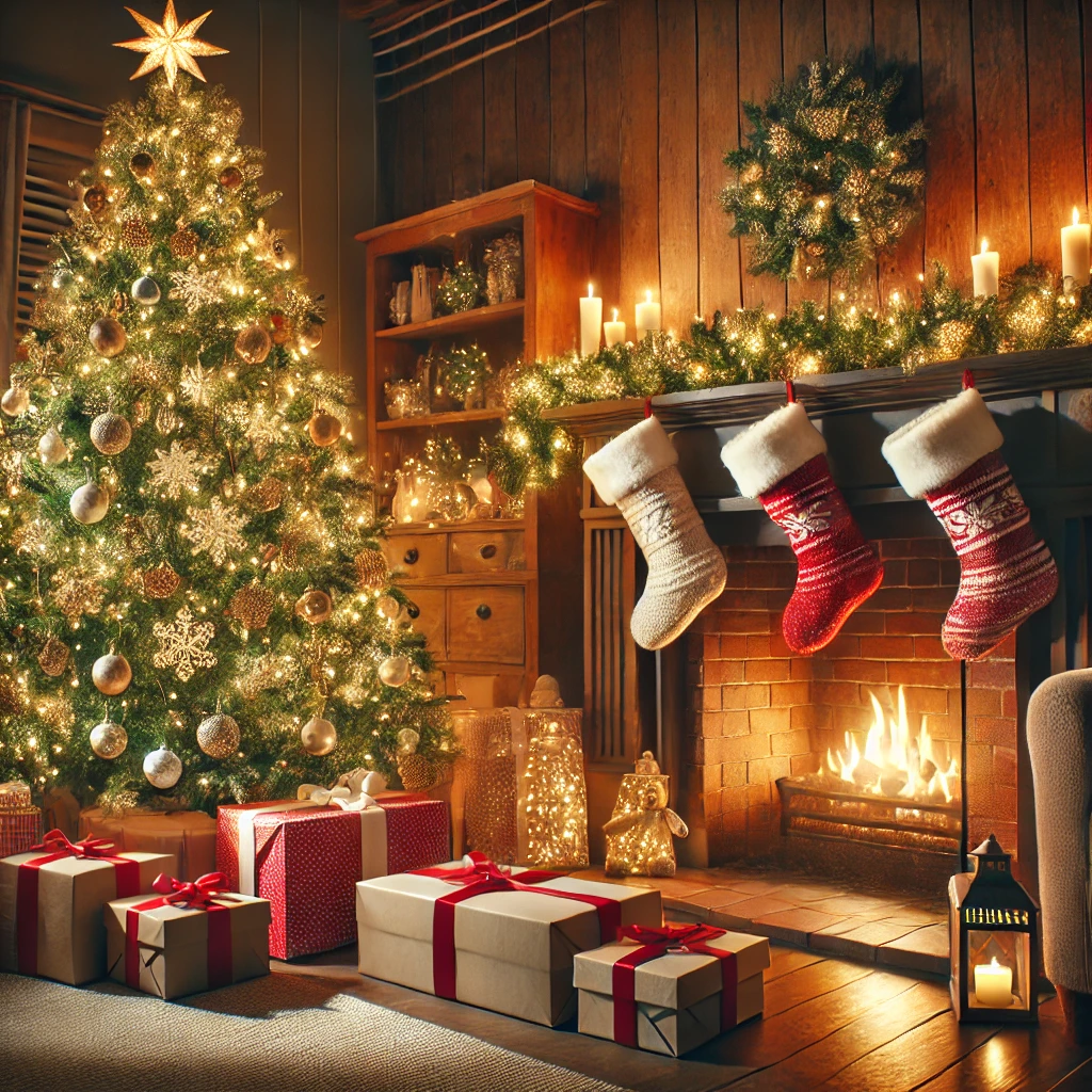 Christmas living room with beautiful ornaments, an invigorating fireplace and gifts by the tree creating a cozy atmosphere.