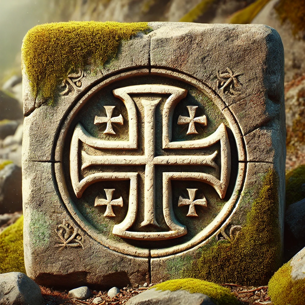 A carving of the H Cross on weathered stone working in soft sunlight or past history and equilibrium.