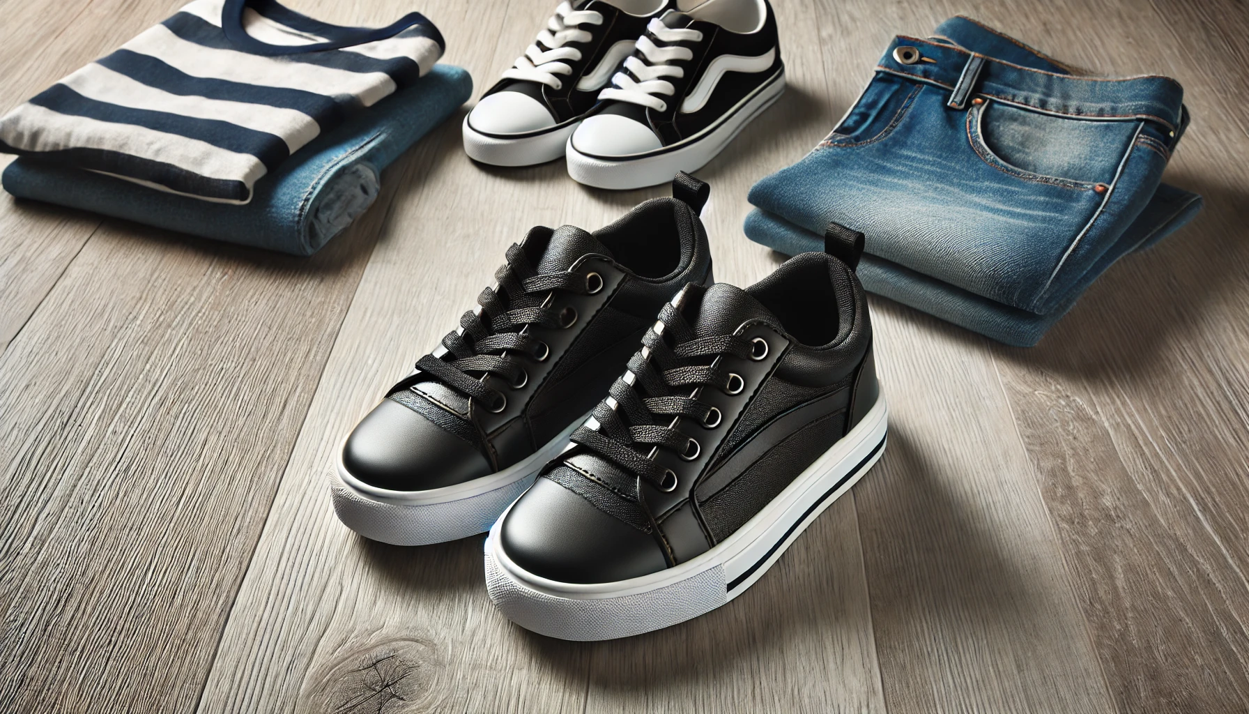 Fashionable boys’ shoes on the wooden floor, informal clothes in the background.