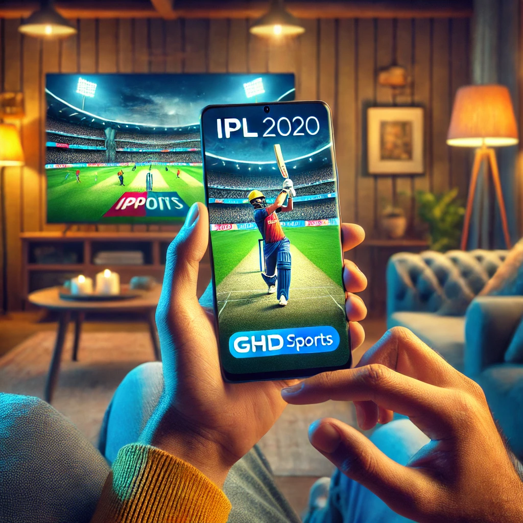 A cricket fan using an iPhone watching an IPL 2020 match live on Application: GHD Sports.